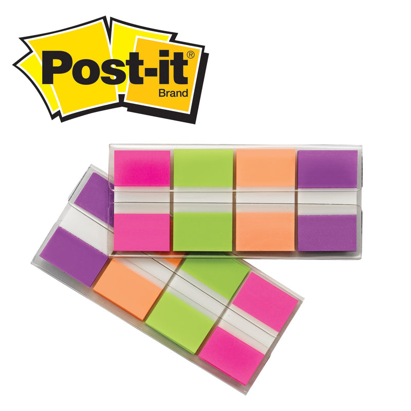Two Post-it On-the-Go dispensers of pink, green, orange and purple flags under the Post-it logo, image from 3M