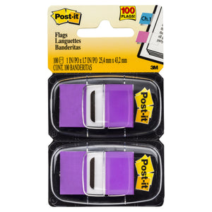 Post-it 680-PU2 twin pack card with two purple flag dispensers, label printing 100 flags at 25.4 x 43.2mm