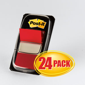 Post-it red flag dispenser from the 680-1-24CP cabinet pack, black pop-up holder with red flags and a yellow 24 PACK badge