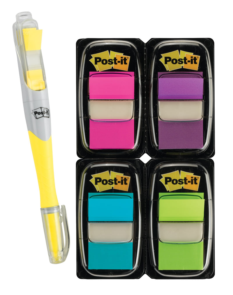 Four Post-it flag dispensers in pink, purple, blue and green beside a yellow Post-it Flag+ Highlighter, from 3M