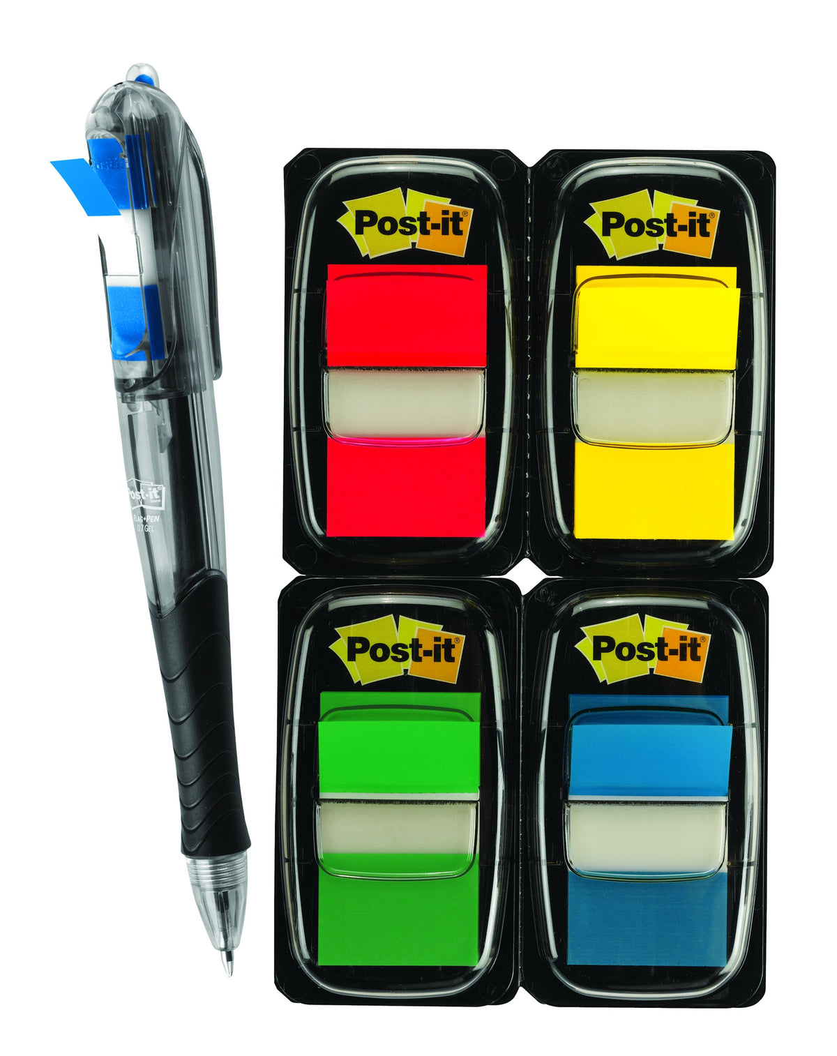 Red, yellow, green and blue Post-it flag dispensers with a clear and black Post-it Flag+ Pen, as pictured by 3M