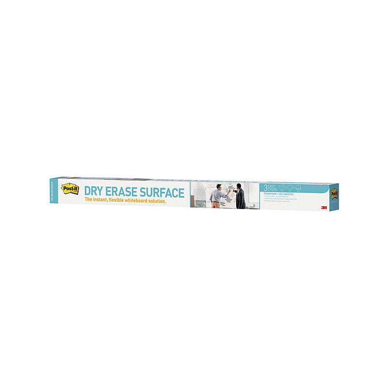 Long, flat Post-it Dry Erase Surface carton lying on its side on white, printed with the words the instant, flexible whiteboard solution and a small photo of two men writing on a whiteboard wall. Older carton design.