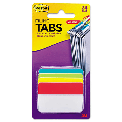Post-it Durable Angled Tabs 686A-ALYR aqua lime yellow red 50 x 38mm 24 tabs in 4 colours no dispenser angled design for top-down visibility in open filing cabinet drawers