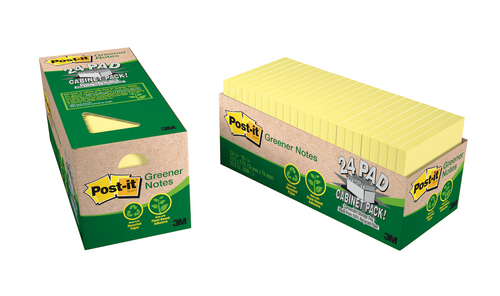Post-it Greener Notes 654R-24CP-CY canary yellow 76 x 76mm recycled sticky notes cabinet pack of 24 pads with 75 sheets each made from 100% recycled paper with plant-based adhesive