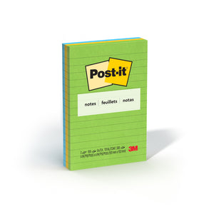 Post-it lined Notes pack of 3 in the Jaipur colours, a green front pad with yellow and blue edges, 101 x 152mm, standing at an angle on a white background.