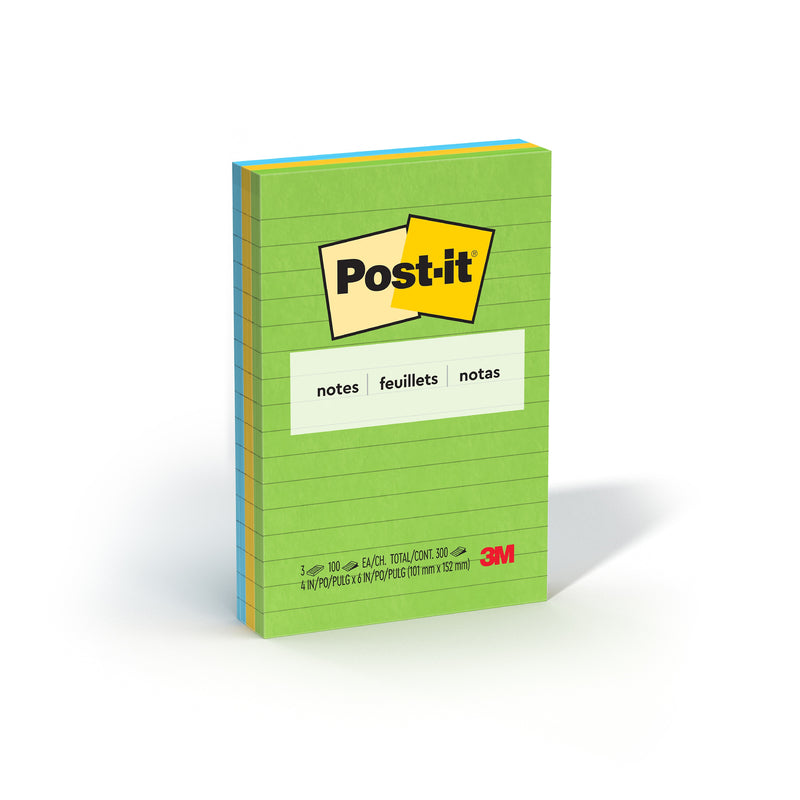 Post-it lined Notes pack of 3 in the Jaipur colours, a green front pad with yellow and blue edges, 101 x 152mm, standing at an angle on a white background.
