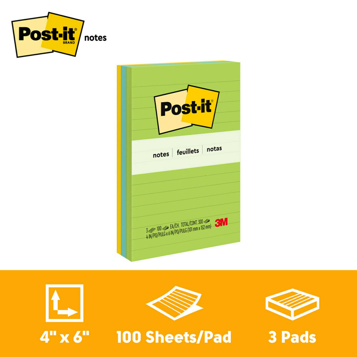 Front view of the Post-it lined Notes pack of 3 with an orange band underneath showing the 4 x 6 inch size, 100 sheets per pad and 3 pads.