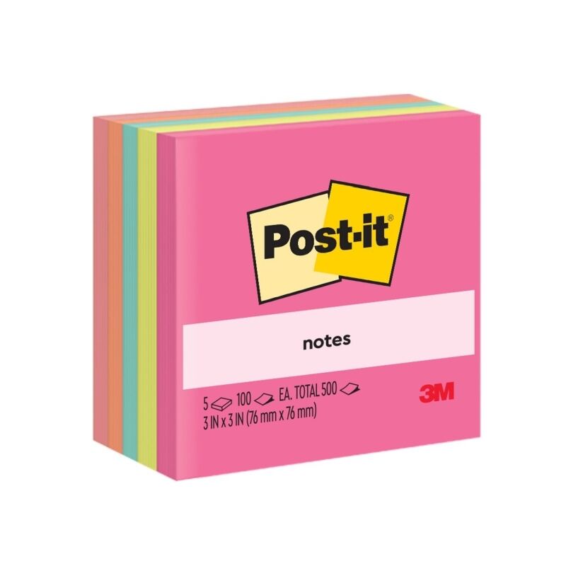 The Post-it Poptimistic pack of 5 in English-only packaging, showing five bright 76 x 76mm pads with 100 sheets each, on a white background.