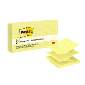 Pack of 6 lined Canary Yellow Post-it pop-up pads, 76 x 76mm with 100 sheets each and 600 in total, with three fanned pop-up sheets in front of the pack, on a white background.