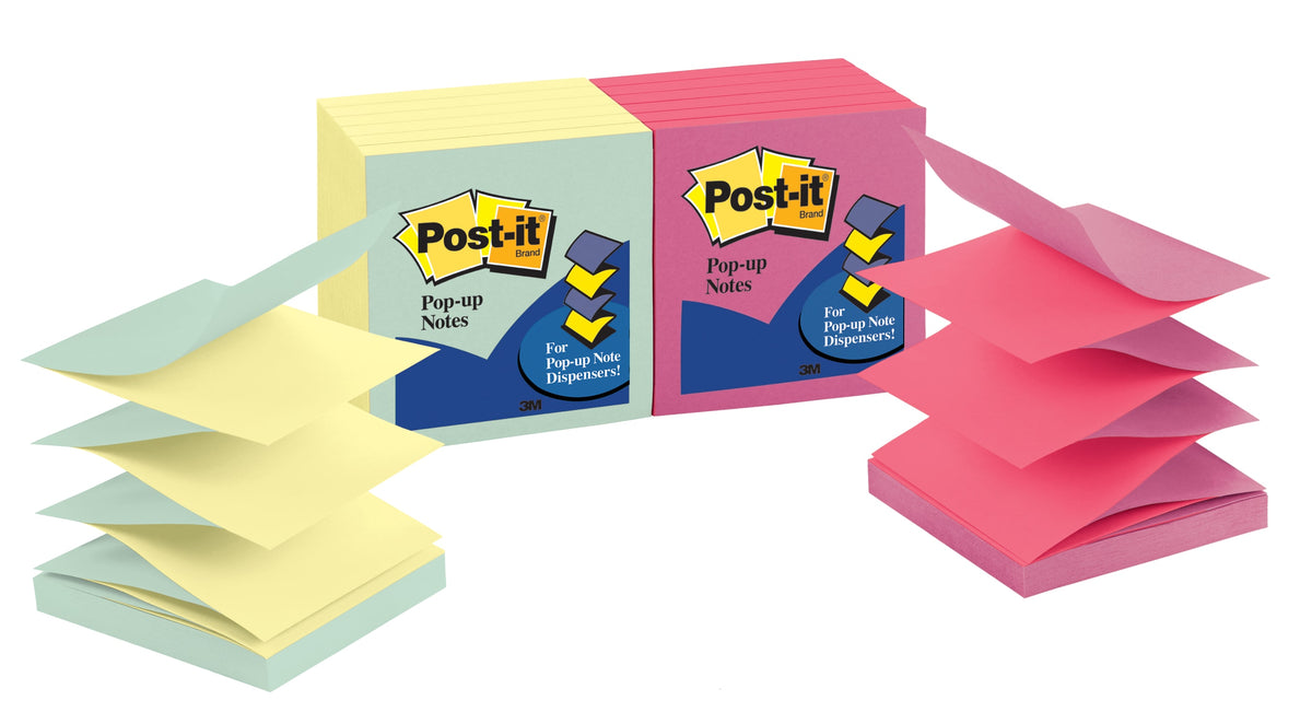 Post-it Pop-up Notes pack of 12 in the older blue-panel design, with a fanned yellow and green alternating pop-up pad on the left and a pink and rose pad on the right, on a white background.