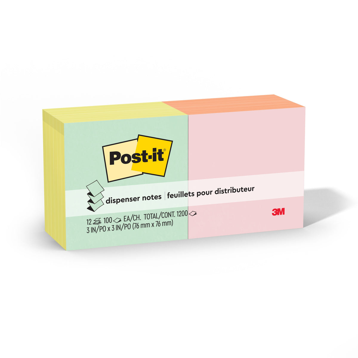 Current Post-it dispenser notes pack of 12 pastel pop-up pads, 76 x 76mm with 100 sheets each, showing yellow and mint pads beside salmon and pink pads, on a white background.