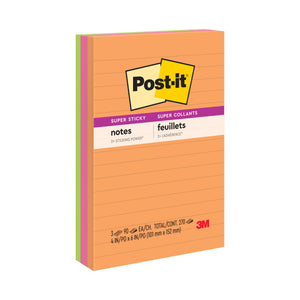 Post-it Super Sticky lined Notes pack of 3 in the Rio de Janeiro collection, orange front pad with pink and lime pads behind, 101 x 152mm, standing at an angle on a white background.