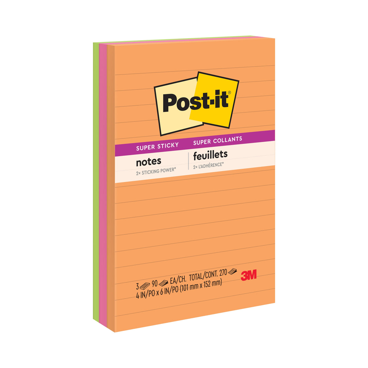 Post-it Super Sticky lined Notes pack of 3 in the Rio de Janeiro collection, orange front pad with pink and lime pads behind, 101 x 152mm, standing at an angle on a white background.