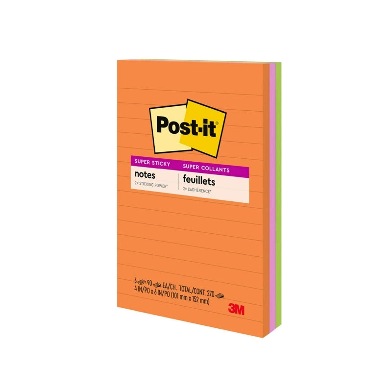 The same Rio de Janeiro pack of 3 Post-it Super Sticky lined pads seen from the other side, showing the orange front and the pink and lime edges, on a white background.