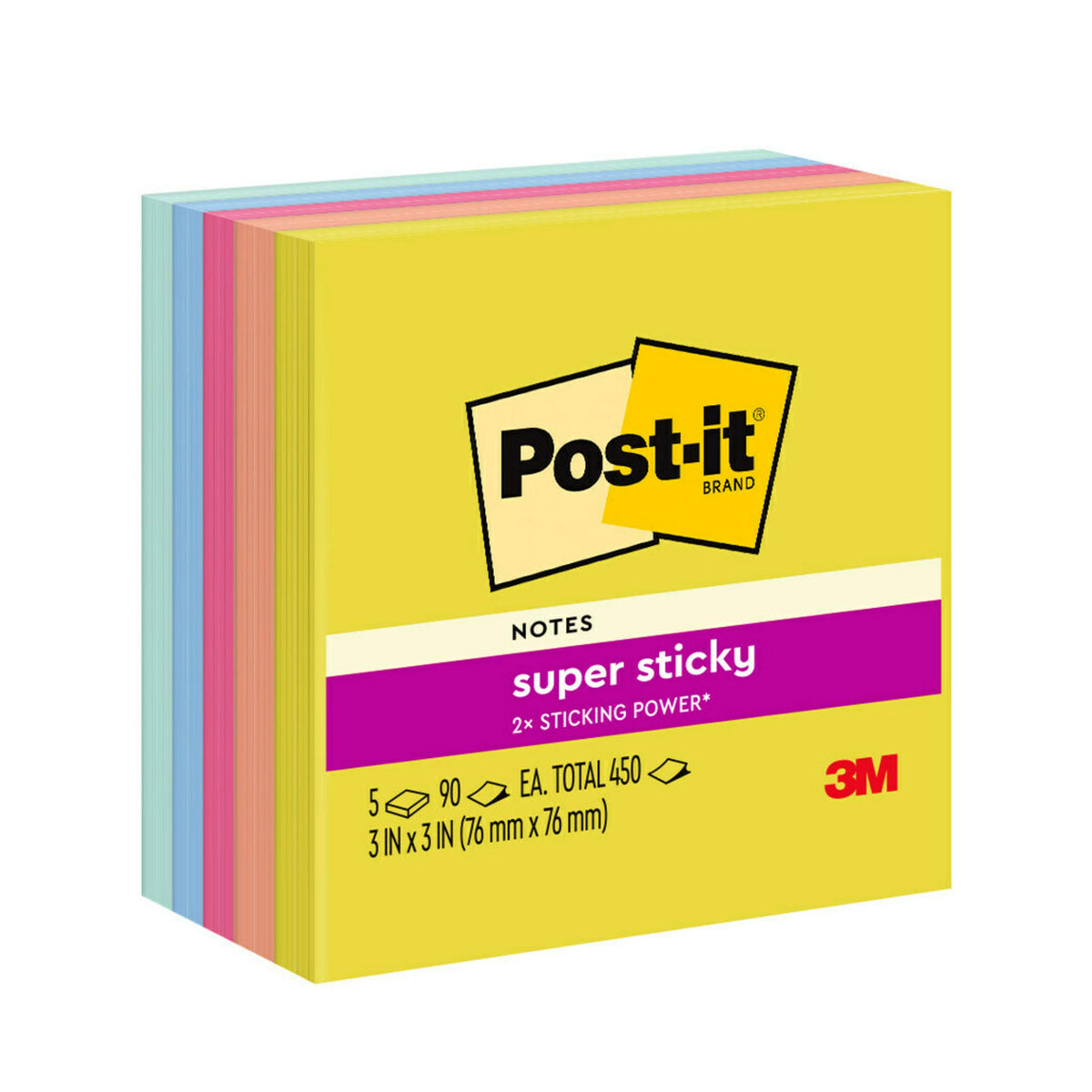 Post-it Super Sticky Notes Summer Joy pack of 5 square 76 x 76mm pads at an angle on a white background, with a yellow front pad and peach, pink, blue and mint pads behind.