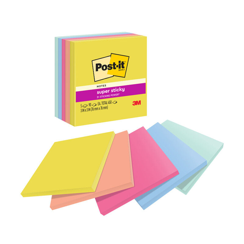 The five Summer Joy Post-it Super Sticky pads fanned out in front of the pack, showing the yellow, peach, pink, blue and mint colours, on a white background.