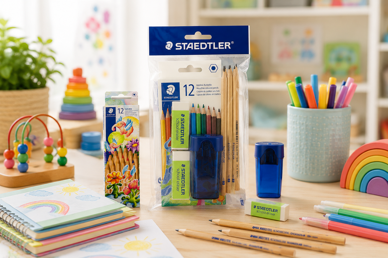 A tabletop display of Staedtler drawing and stationery items, including a large pack of colored pencils, a pencil sharpener, a pencil eraser, and other writing tools, arranged on a light wood surface with a blurred children's room background.