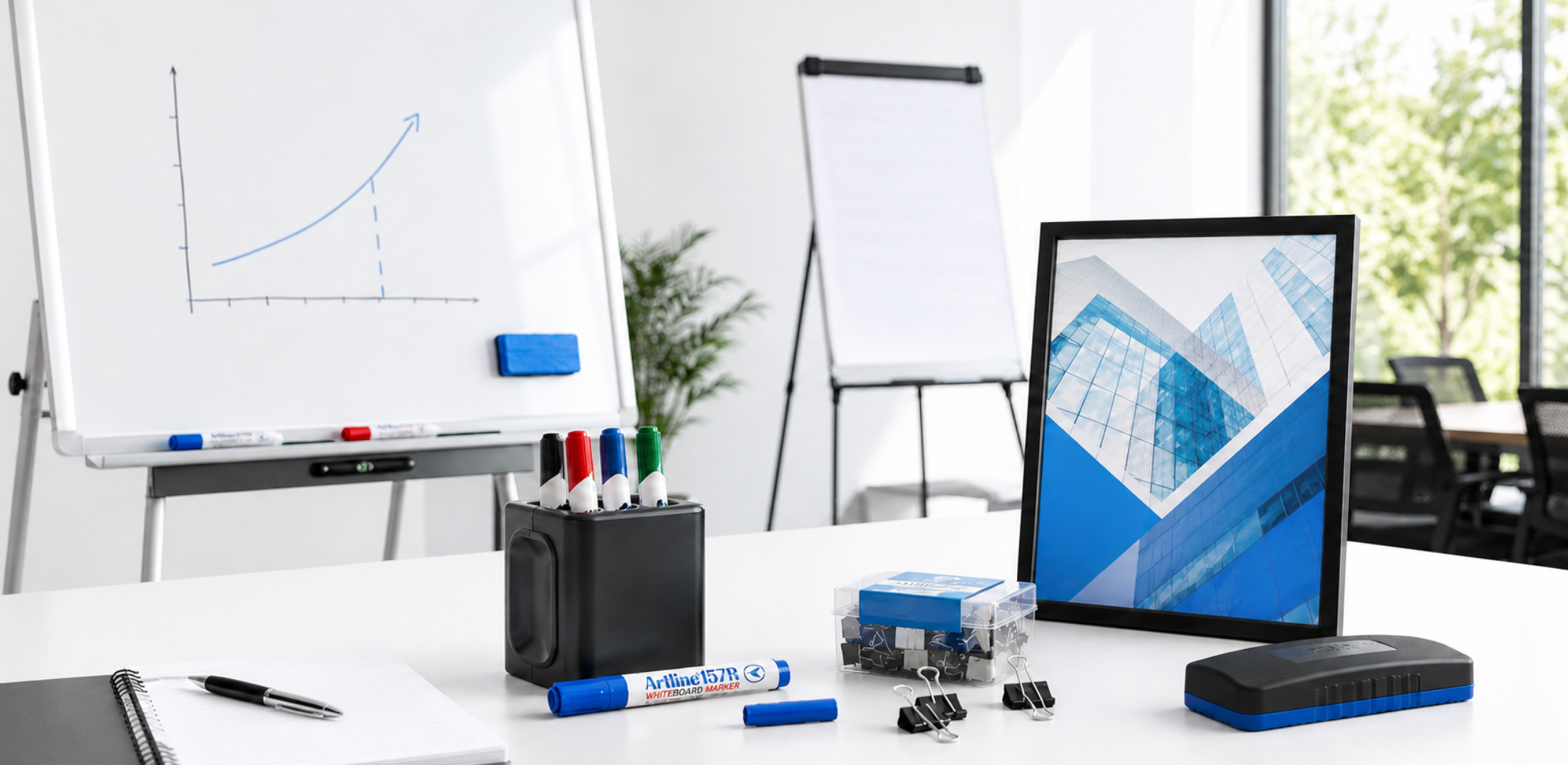 A modern office desk setup featuring a black and blue digital tablet, a black marker cup with colorful markers, a small blue and black device, and other office accessories, set against a blurred background of whiteboards and a window.