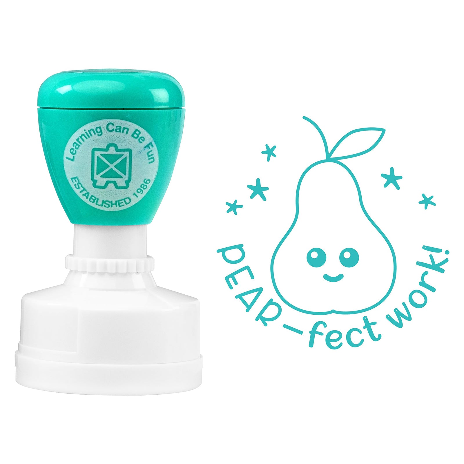 Product image featuring the self inking stamp alongside the complete pear themed artwork. The friendly fruit character and decorative stars create a playful educational reward stamp suitable for daily classroom use.