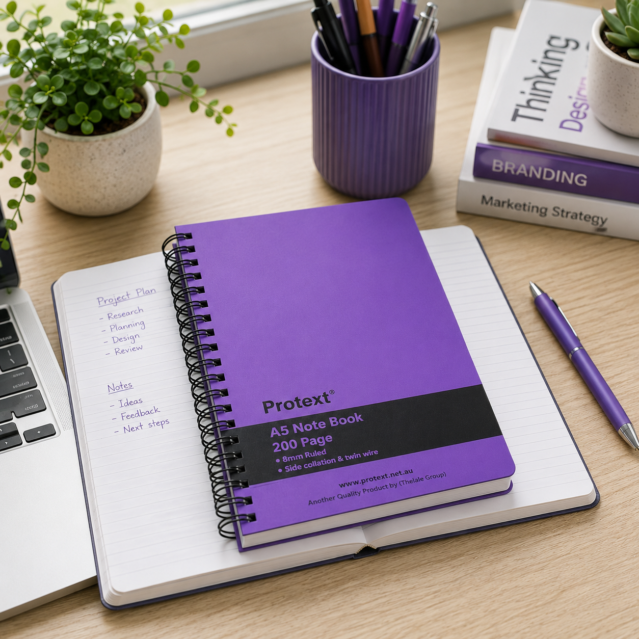 Protext Twin Wire Notebook A5 200 Page Ruled PP Cover Purple Pack 5 — open showing twin wire binding and ruled pages