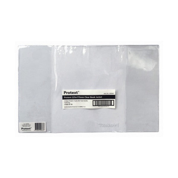 Clear Protext book jacket laid flat with side flaps and a pack label reading Protext 225x175mm Clear Book Jacket, Suits 9x7 size books, Pack of 10
