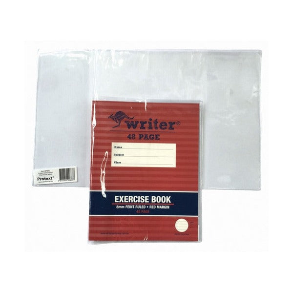 Red Writer 48 page exercise book fitted inside a clear Protext 225 x 175mm book jacket