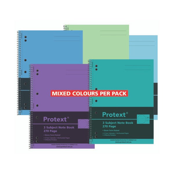 Five Protext 3 Subject Note Book covers in purple, teal, blue, green and light blue overlapping, with a red Mixed Colours Per Pack banner across the front