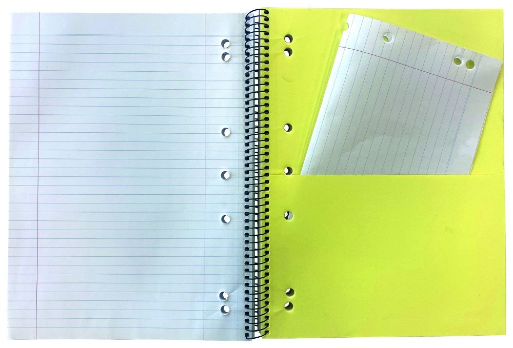 Protext 3 subject notebook open at the spiral showing a ruled page with a left margin and a yellow divider pocket holding a loose ruled sheet