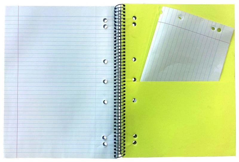 Protext 3 subject notebook open at the spiral showing a ruled page with a left margin and a yellow divider pocket holding a loose ruled sheet