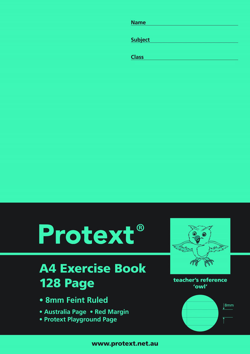 Front cover of a Protext A4 exercise book, 128 page, 8mm feint ruled, with the owl teacher's reference drawing and Name, Subject and Class lines