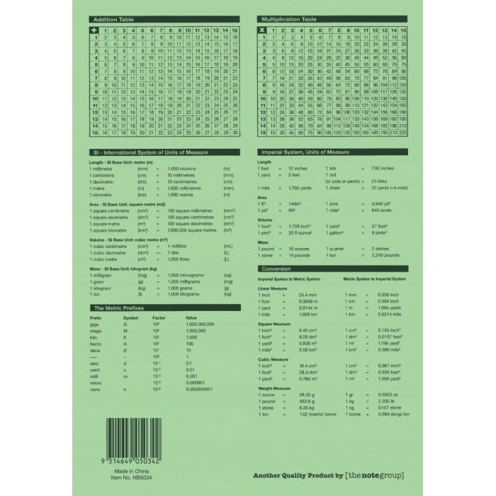 Back cover of the Protext NB5034 exercise book with addition and multiplication tables, units of measure and the barcode