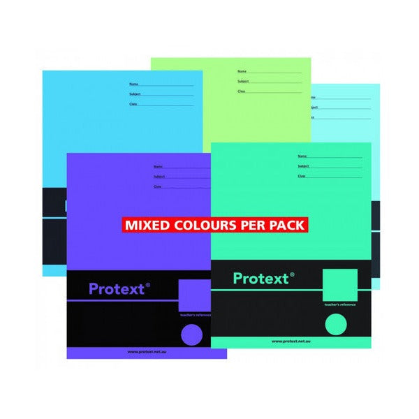 Protext exercise books fanned out in several cover colours with a red Mixed Colours Per Pack banner