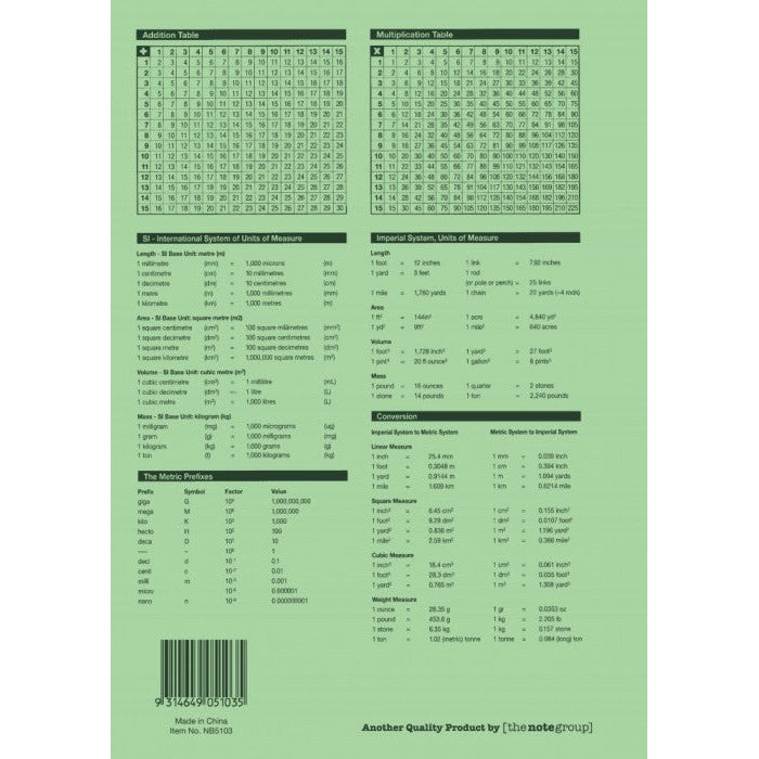 Back cover of the Protext NB5103 exercise book showing addition and multiplication tables, units of measure and a barcode