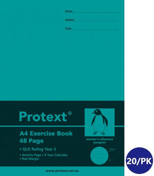 Front cover of the Protext A4 48 page exercise book in teal with a penguin teacher's reference, QLD Ruling Year 2 and a round ruling sample