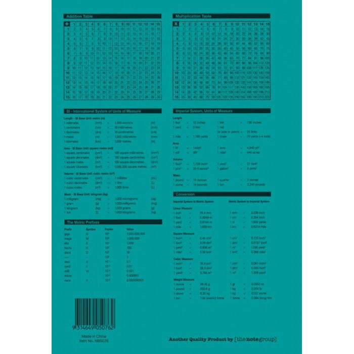 Back cover of the Protext NB5076 exercise book with addition and multiplication tables, units of measure and a barcode