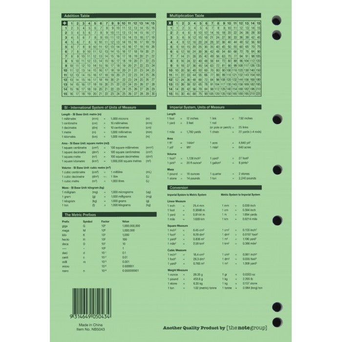 Green back cover of the Protext 128 page binder book with maths tables, unit charts, punched holes, barcode and Item No. NB5043