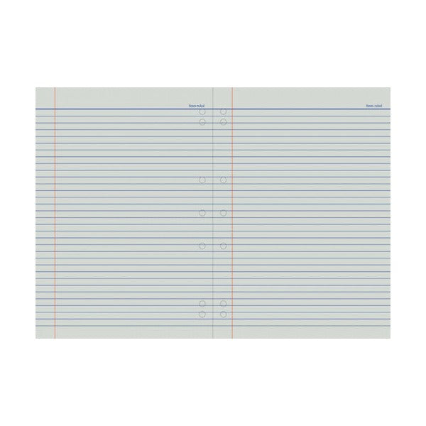 Spread of an open Protext 128 page binder book showing feint lines, red margins and punched holes near the spine