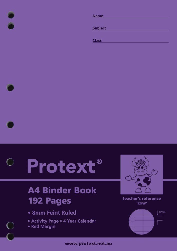 Purple Protext A4 binder book cover reading 192 Pages and 8mm Feint Ruled, with the cow teacher's reference drawing and punched holes down the left edge