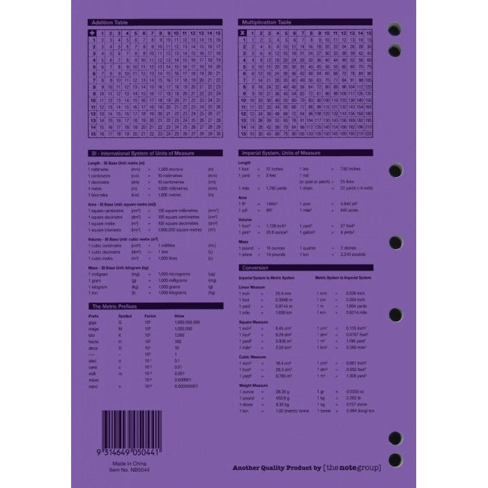 Back cover of the purple Protext 192 page binder book with addition and multiplication tables, unit charts, punched holes, barcode and Item No. NB5044