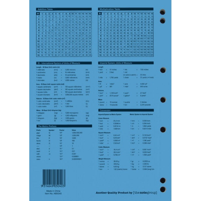 Back cover of the Protext 48 page binder book with maths tables, unit charts, punched holes down the edge, barcode and Item No. NB5040