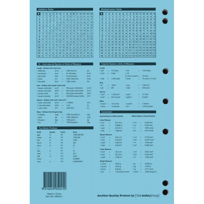 Back of the Protext 64 page binder book showing addition and multiplication tables, unit conversions, punched holes, barcode and Item No. NB5041