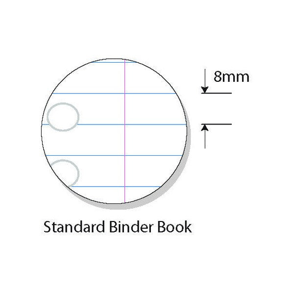 Ruling close up diagram with blue lines 8mm apart, red margin and punched holes, captioned Standard Binder Book