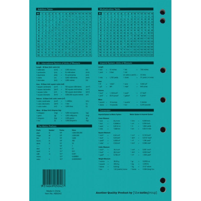 Back cover of the teal Protext 96 page binder book with maths and measurement tables, punched holes, barcode and Item No. NB5042