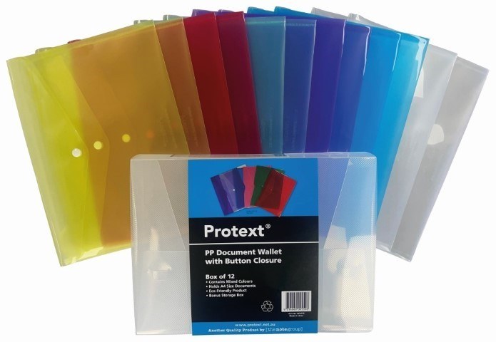 Twelve Protext button closure document wallets in yellow, orange, red, purple, blue and clear shades spread out behind the clear storage case
