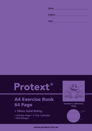 Purple Protext A4 exercise book cover, 64 page with 18mm solid ruling, showing the frog teacher's reference and name, subject and class lines