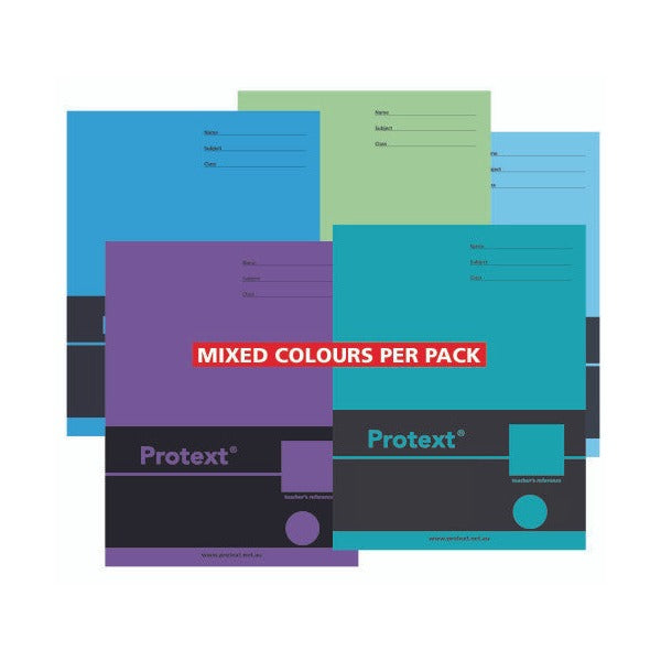 Protext exercise books in blue, green, purple and teal covers fanned together with a Mixed Colours Per Pack label