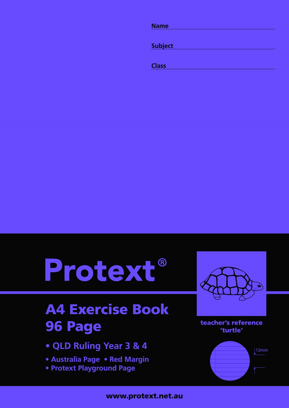 Current Protext A4 96 page exercise book cover in violet with a black band, turtle teacher's reference, QLD Ruling Year 3 & 4, Australia Page, Red Margin and Protext Playground Page