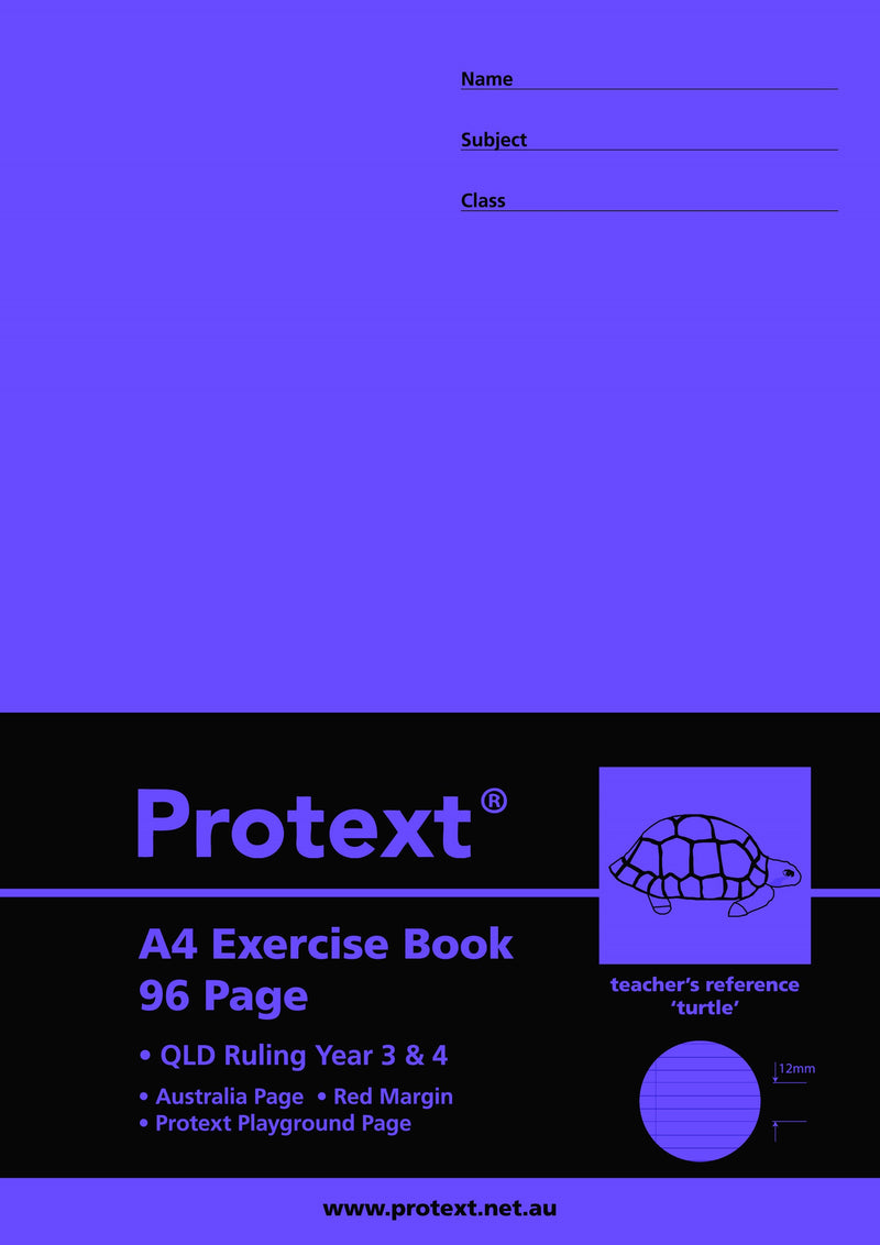 Current Protext A4 96 page exercise book cover in violet with a black band, turtle teacher's reference, QLD Ruling Year 3 & 4, Australia Page, Red Margin and Protext Playground Page