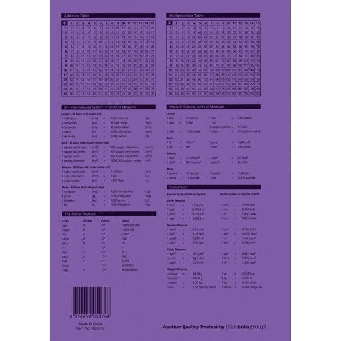 Purple back cover of Protext NB5078 printed with addition and multiplication tables, measurement tables, barcode and Made in China