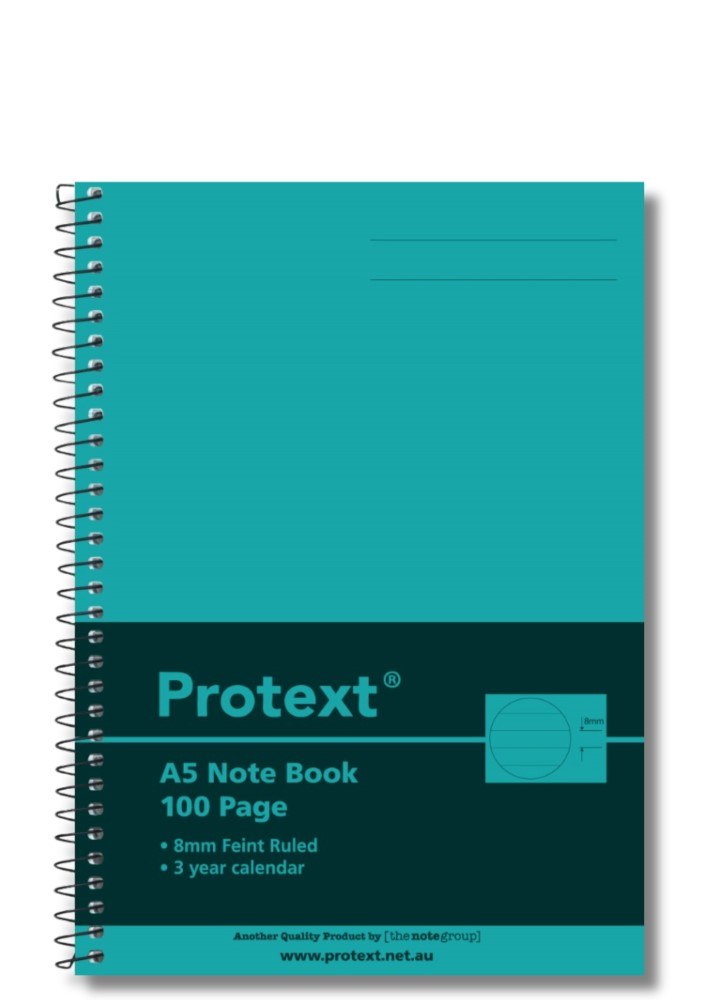 Single teal Protext A5 Note Book, 100 Page, 8mm Feint Ruled with 3 year calendar printed on the dark cover band